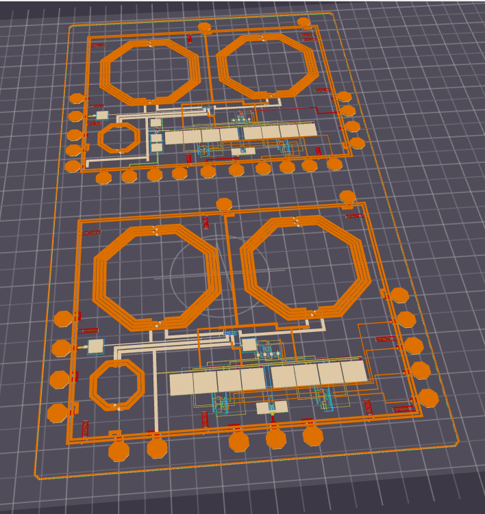 Custom RFIC layout — dual transformer-coupled architecture with octagonal inductors and pad ring